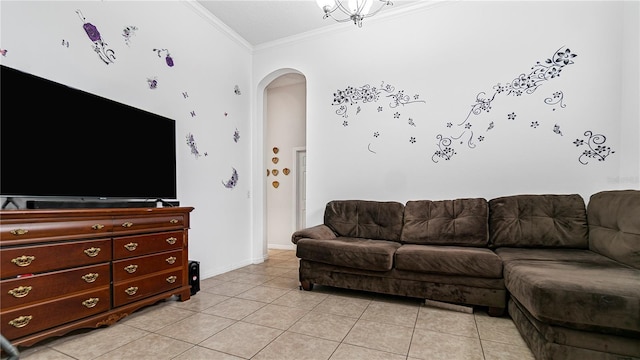 living room featuring light tile patterned flooring and ornamental molding