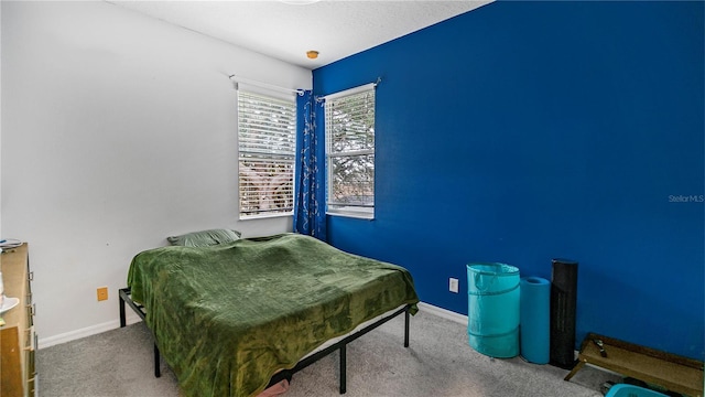 bedroom with a textured ceiling and carpet floors