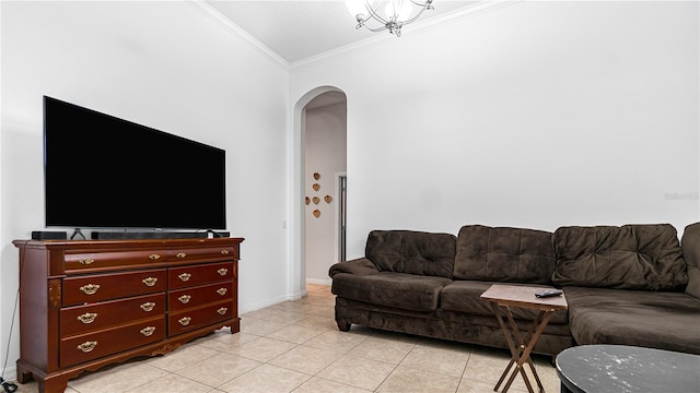 728 Longford Loop, Apopka, FL 32703 - tiled living room with crown molding, vaulted ceiling, and a notable chandelier