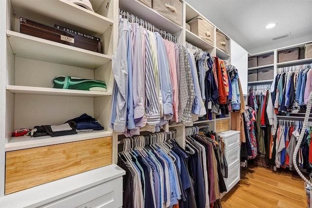 spacious closet with light hardwood / wood-style flooring