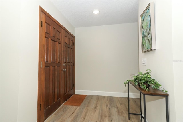 foyer entrance featuring a textured ceiling and light hardwood / wood-style flooring