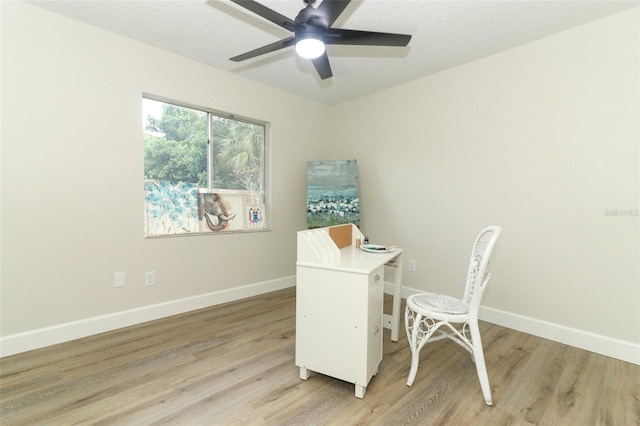 office with ceiling fan and light hardwood / wood-style flooring