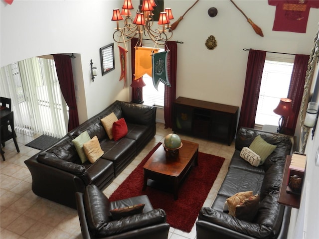 living room featuring a chandelier