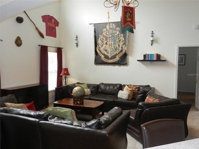 living room with a notable chandelier