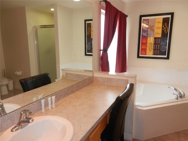 full bathroom with toilet, vanity, tile patterned floors, and plus walk in shower