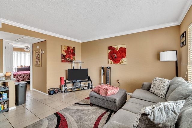 tiled living room with a textured ceiling and crown molding