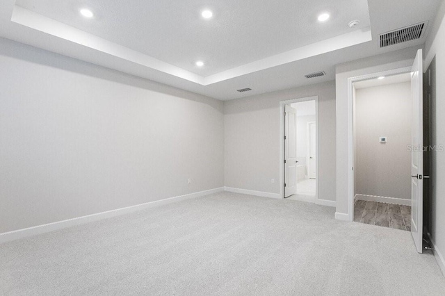 carpeted empty room featuring a raised ceiling