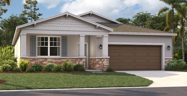 craftsman house with a front lawn and a garage