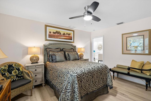 bedroom featuring ceiling fan and light hardwood / wood-style floors