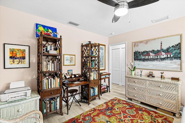 office space featuring ceiling fan and light wood-type flooring