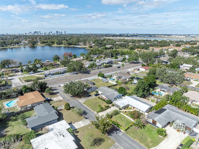 aerial view featuring a water view