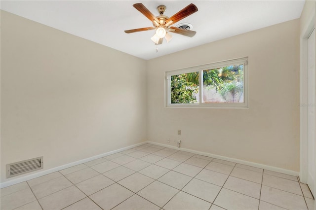 spare room with visible vents, baseboards, and ceiling fan