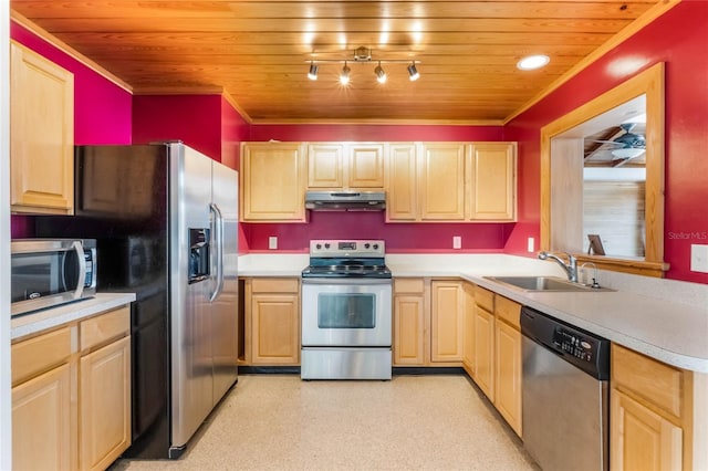 kitchen featuring ornamental molding, stainless steel appliances, light brown cabinetry, and sink