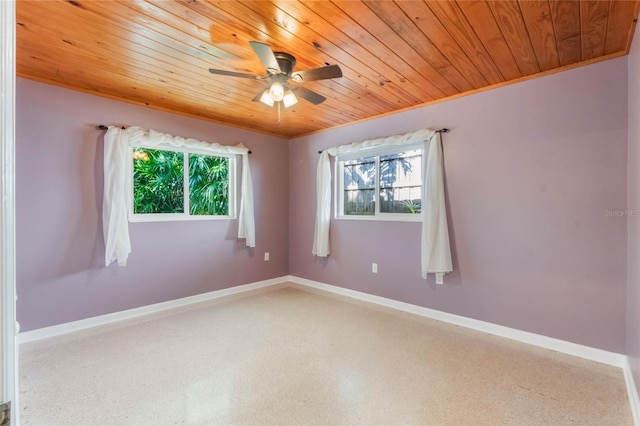 unfurnished room featuring ceiling fan, wood ceiling, and a healthy amount of sunlight