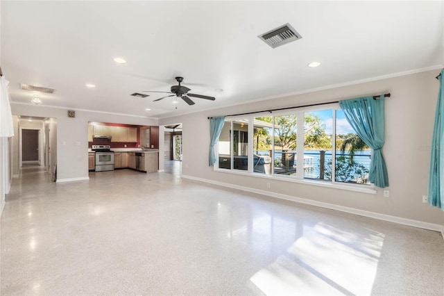 unfurnished living room with ceiling fan and ornamental molding