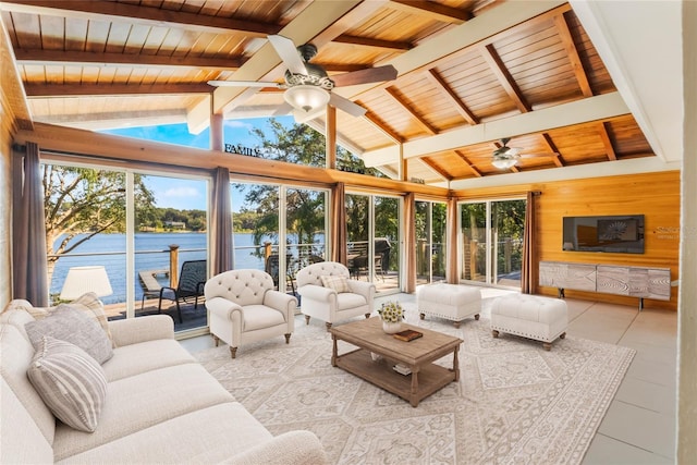 living room with a water view, vaulted ceiling with beams, wooden walls, ceiling fan, and wooden ceiling