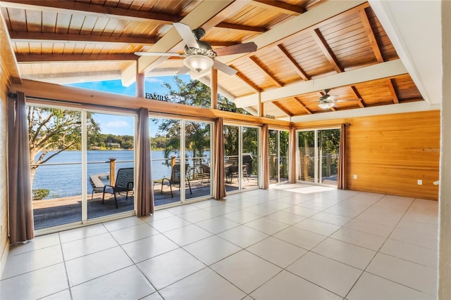 unfurnished sunroom with a water view, wood ceiling, lofted ceiling with beams, and ceiling fan