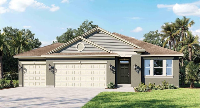 view of front of home featuring a front lawn and a garage