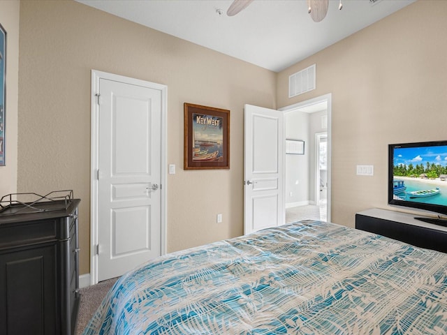 bedroom featuring ceiling fan and carpet flooring