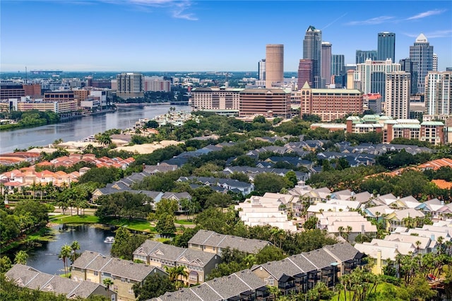 bird's eye view with a water view