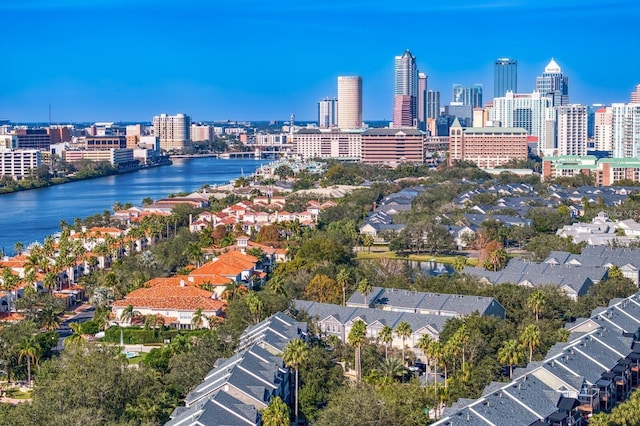 drone / aerial view with a water view