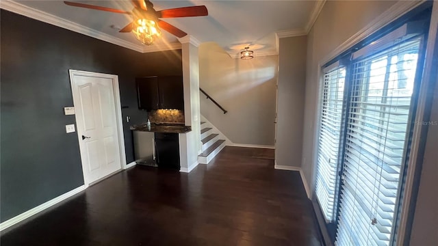 corridor with crown molding and dark wood-type flooring