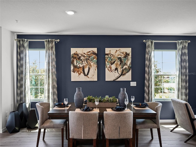 dining space with wood-type flooring