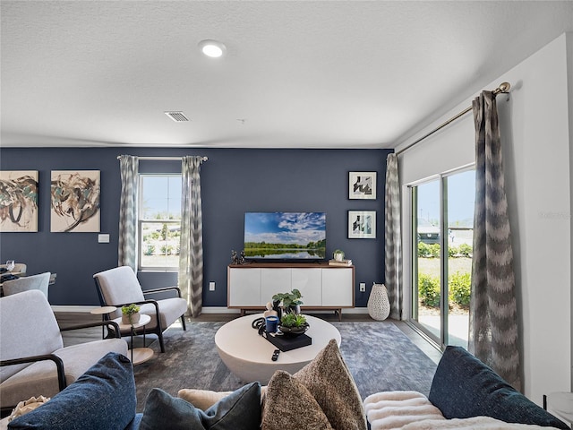 living room with wood-type flooring and a textured ceiling