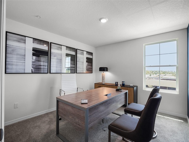 carpeted home office featuring a textured ceiling