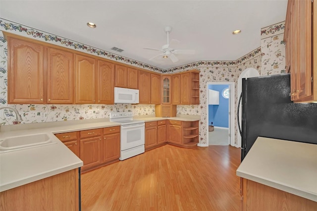 kitchen featuring ceiling fan, white appliances, sink, and light wood-type flooring