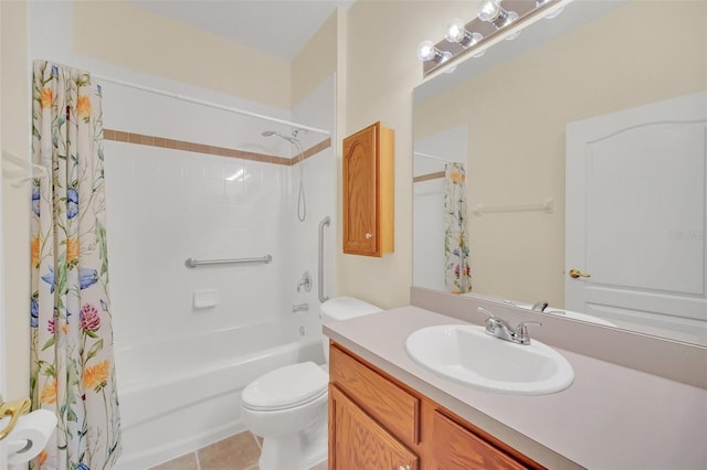 full bathroom with tile patterned flooring, vanity, toilet, and shower / bath combo with shower curtain