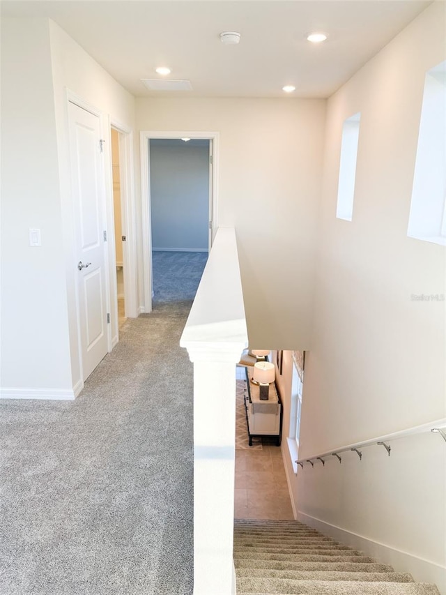 stairs featuring carpet flooring