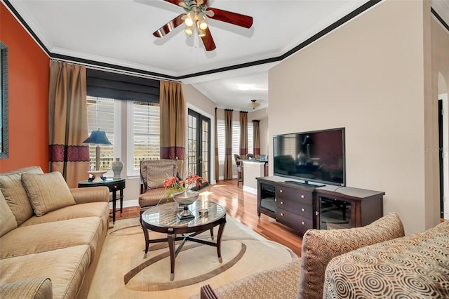 living room featuring ceiling fan, crown molding, and light hardwood / wood-style flooring