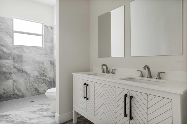 bathroom featuring toilet, vanity, and walk in shower