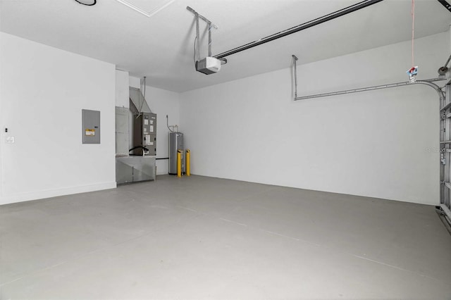 garage with electric panel, electric water heater, and a garage door opener