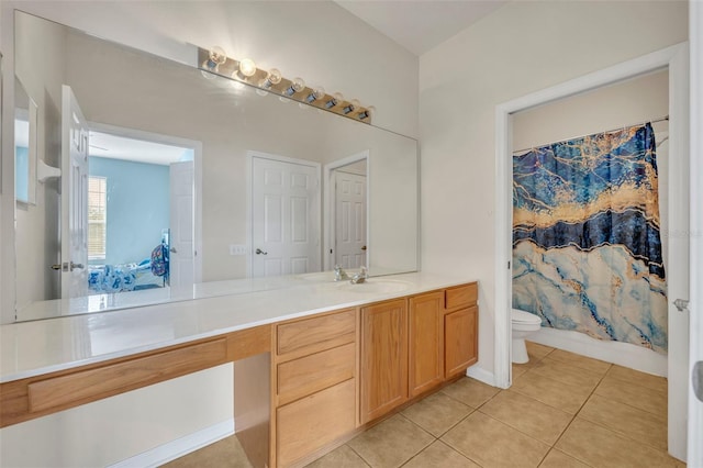 full bathroom featuring toilet, shower / bath combination with curtain, tile patterned floors, and vanity