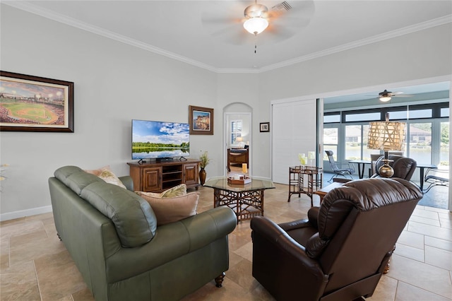 living room featuring crown molding and ceiling fan