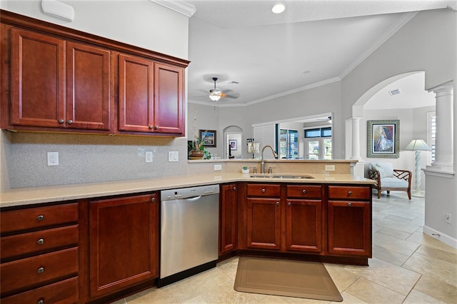 kitchen featuring sink, ornate columns, dishwasher, kitchen peninsula, and ceiling fan