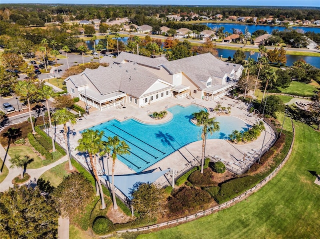 drone / aerial view featuring a water view