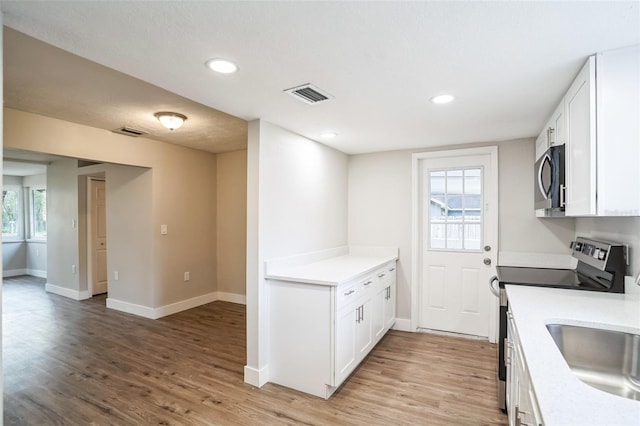 kitchen with light hardwood / wood-style floors, stainless steel appliances, and white cabinetry