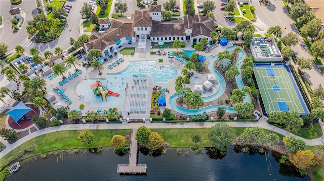 aerial view featuring a water view