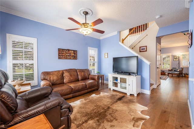 living room featuring hardwood / wood-style flooring, crown molding, a textured ceiling, and ceiling fan