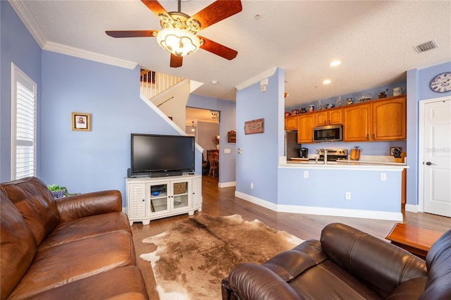 living room with sink, a textured ceiling, ornamental molding, ceiling fan, and hardwood / wood-style floors