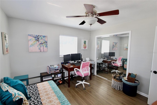 office space with ceiling fan and wood-type flooring