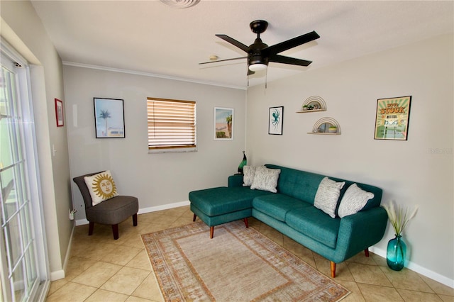 tiled living room with crown molding and ceiling fan