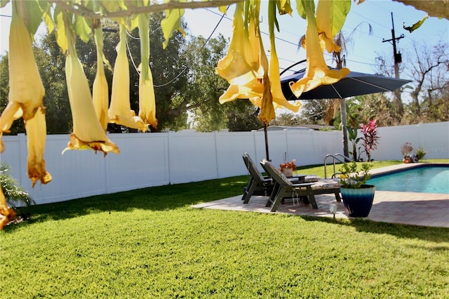 exterior space featuring a fenced in pool and a patio