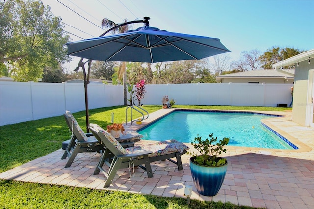 view of pool with a patio and a yard