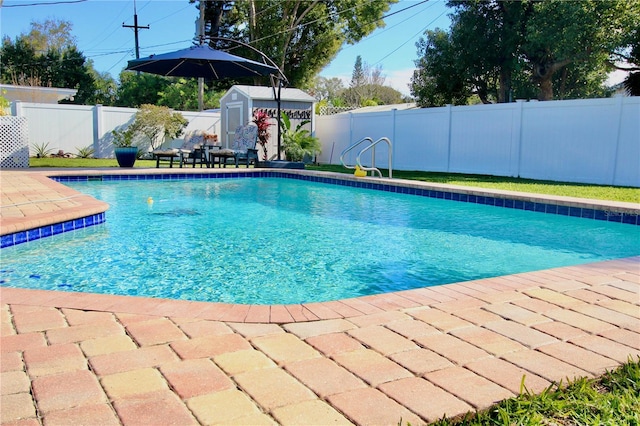 view of pool with a shed and a patio