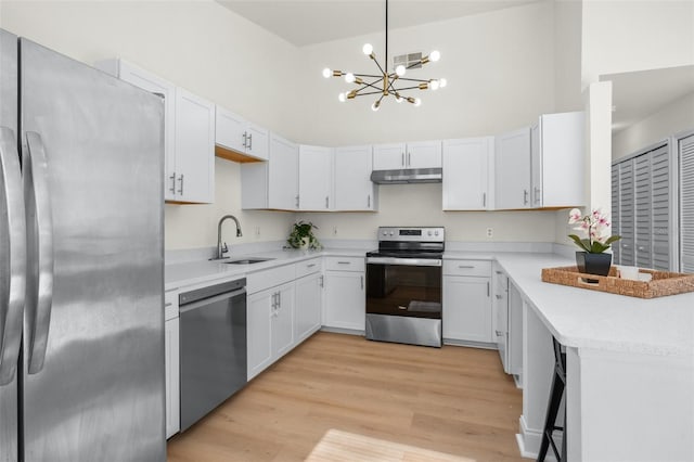 kitchen with pendant lighting, light hardwood / wood-style floors, sink, white cabinetry, and appliances with stainless steel finishes