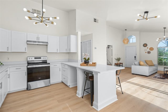 kitchen featuring white cabinets, stainless steel range with electric cooktop, an inviting chandelier, hanging light fixtures, and a breakfast bar